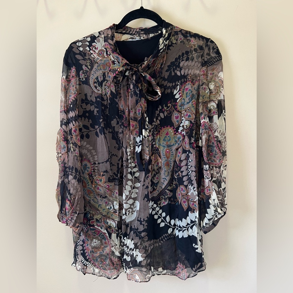 Elie Tahari Verda Silk Sheer Floral Blouse 3/4 sleeves Bow Tie Size S